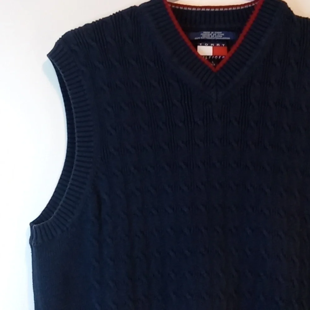 Vintage 90s Tommy Hilfiger Sweater Vest Navy Blue Men's Sz L EUC NICE!